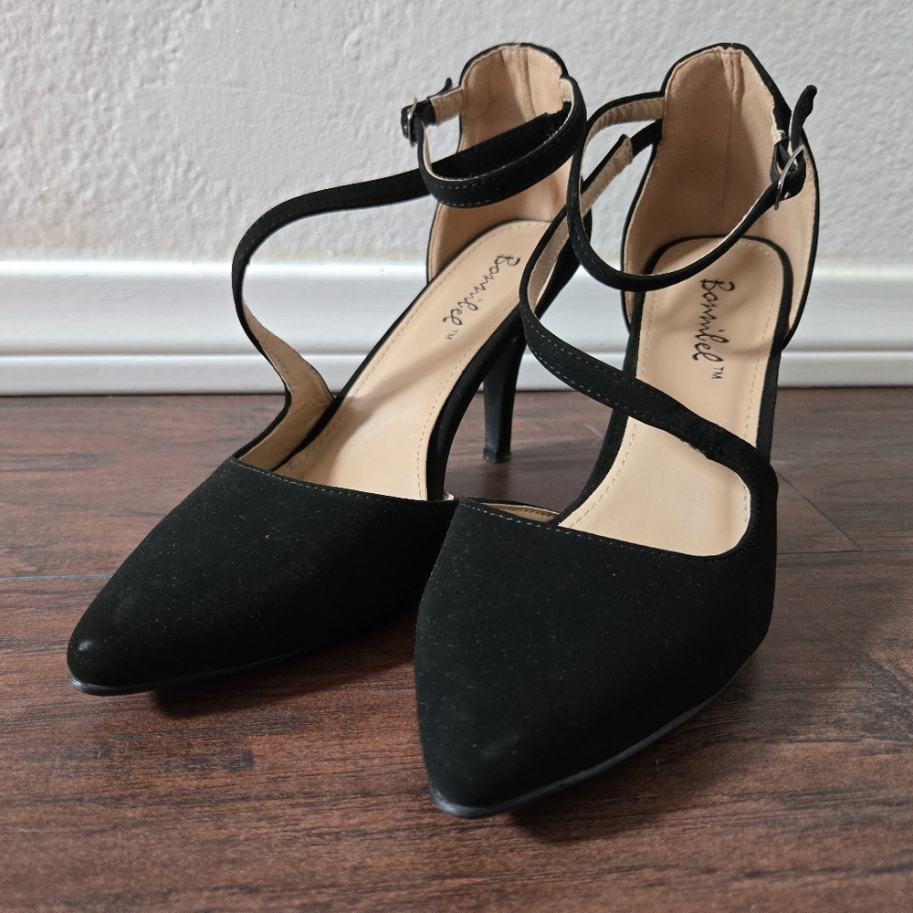 Point Toe Black Strappy Heels